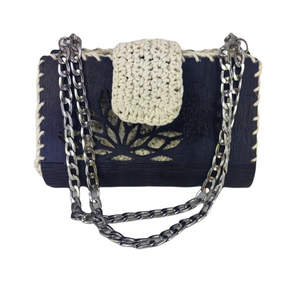 Χειροποίητη τσάντα από ξύλο και νήμα Λευκο & Μαυρο 